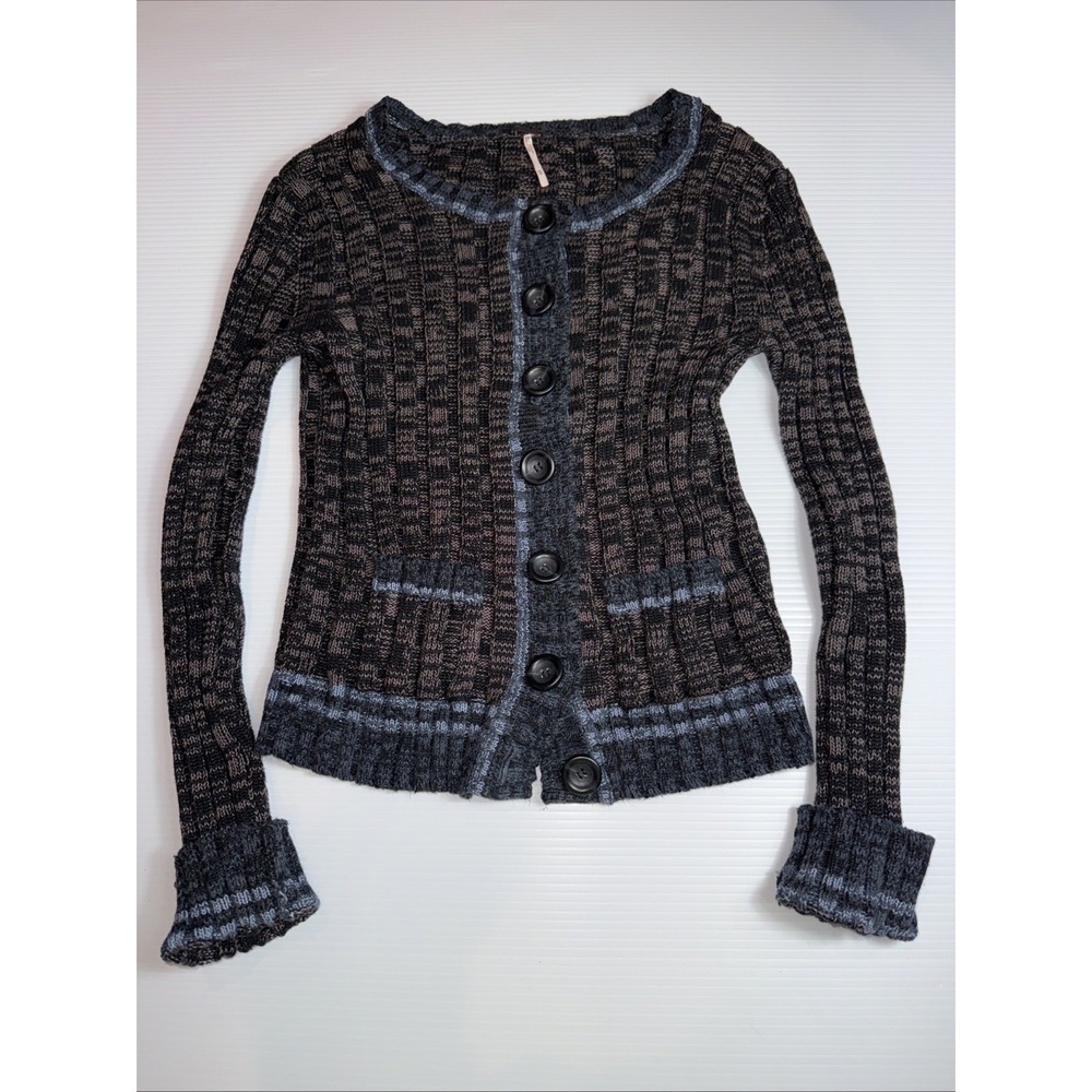 Free People Womens Walk In The Park Cardigan Sweater M Cotton Blend Brown Blue